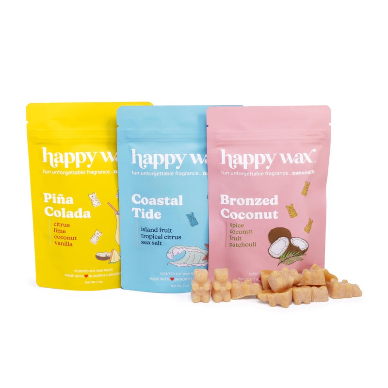 هابي واكس مجموعة Happy Wax الصيفية التي لا نهاية لها تذوب شمع الصويا الطبيعي المعطر - إجمالي 6 أونصة. مجموعة ذوبان الشمع المعطرة تتضمن المد الساحلي لجوز الهند البرونزي وبينا كولادا - Image 1